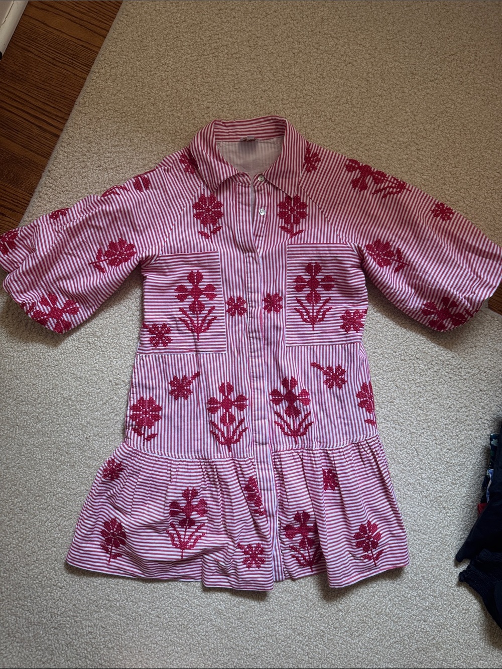 Pink Striped Mini Dress with Red Floral Embroidery